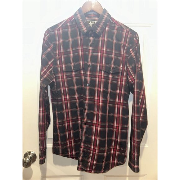 Express Men's Red Black Plaid Long Sleeve Button Down Flannel Shirt Medium - Picture 1 of 9
